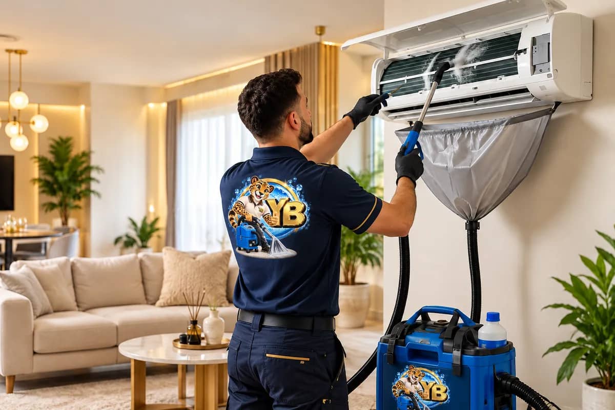 הדמיה: ניקוי מזגנים עיליים בקיטור עם כיסוי איסוף מתחת למזגן